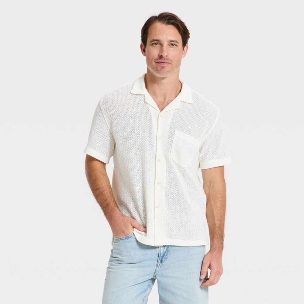 Men's Vacay Short Sleeve Camp Collar Open Weave Button-Down Shirt - Cream XL